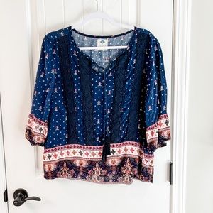 Sadie Robertson Blue and Pink Paisley Peasant Top Size XL